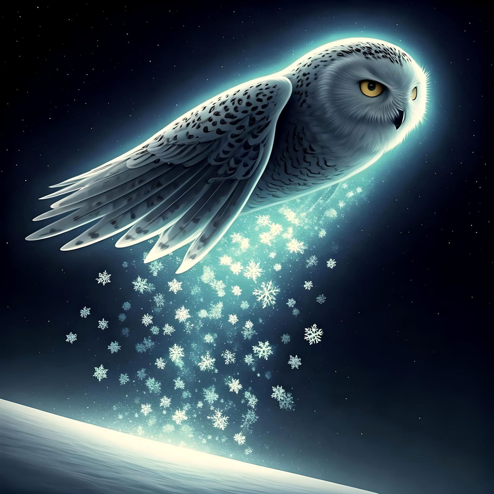 Magical Bioluminescent Snowy Owl in Winter Landscape