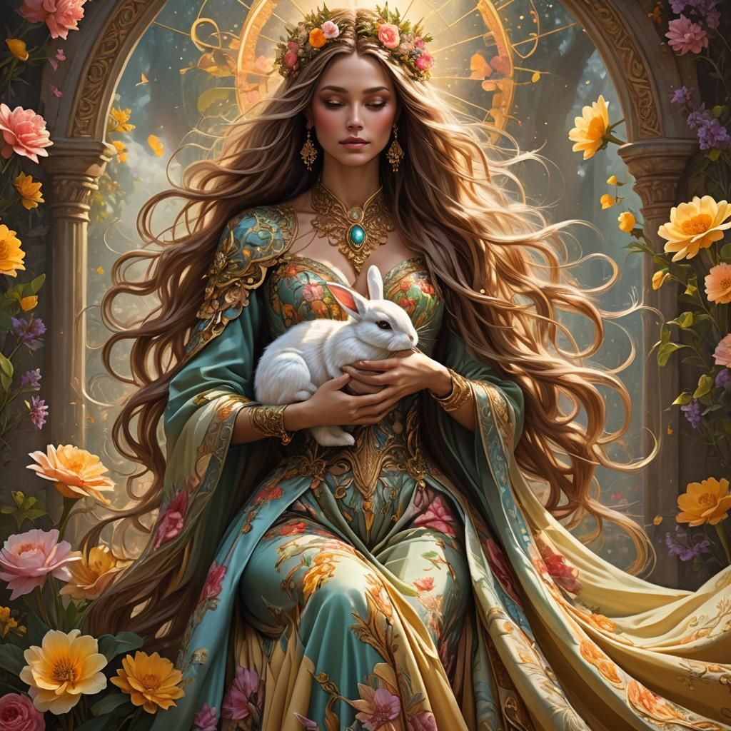 Goddess with Bunny in Maximalist Digital Art