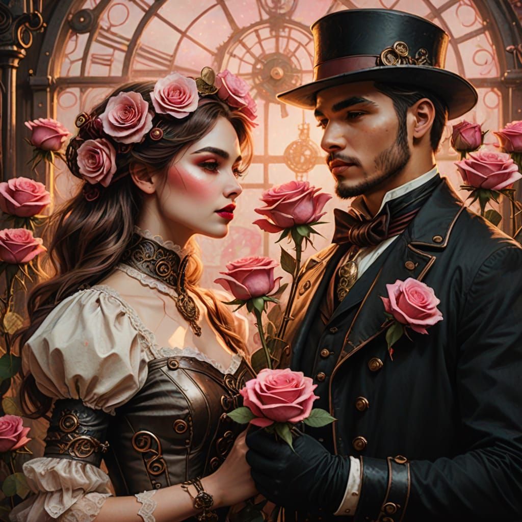 Steampunk Figures with Roses in Whimsical Style