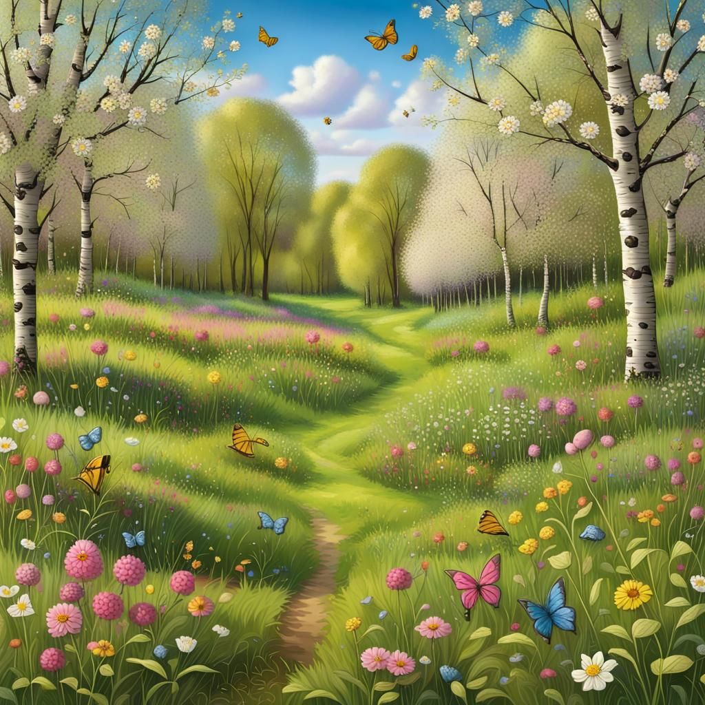 Spring Meadow with Flowers, Butterflies and Apple Trees
