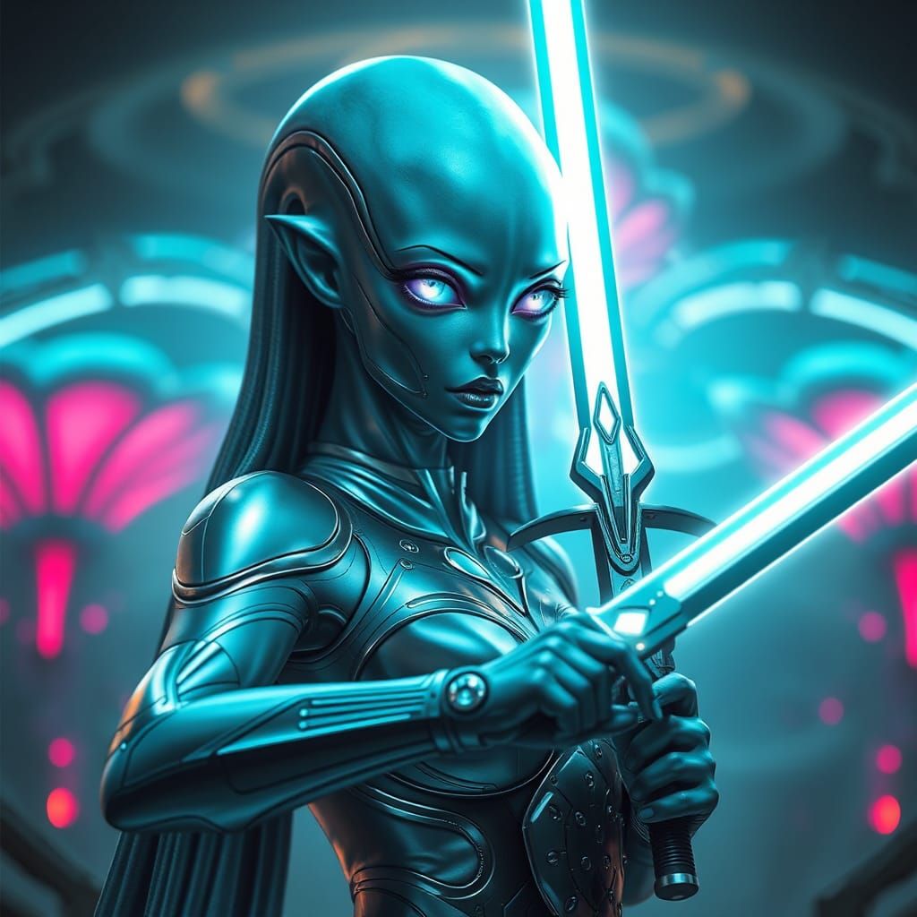 Luminous Cyber Alien Warrior in Neon City