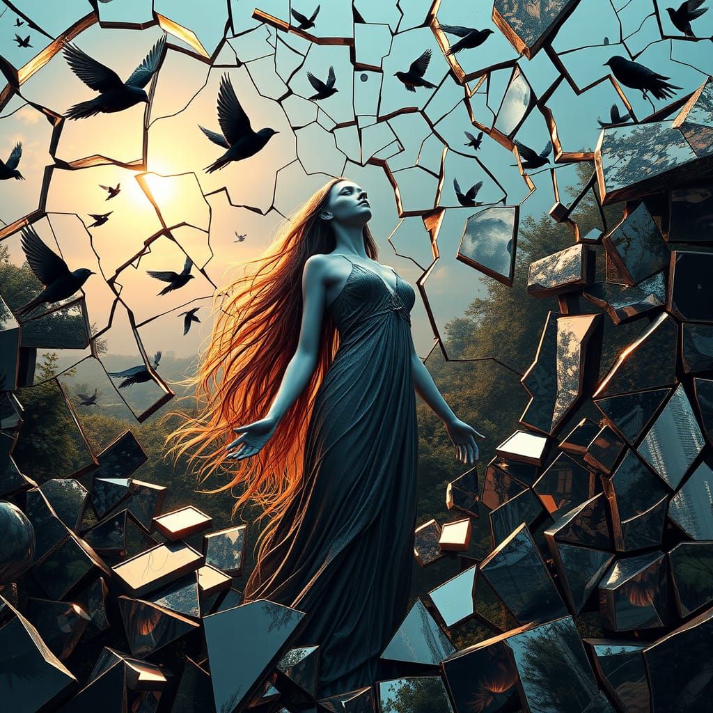 Surreal Cosmic Woman in Shattered Mirrors