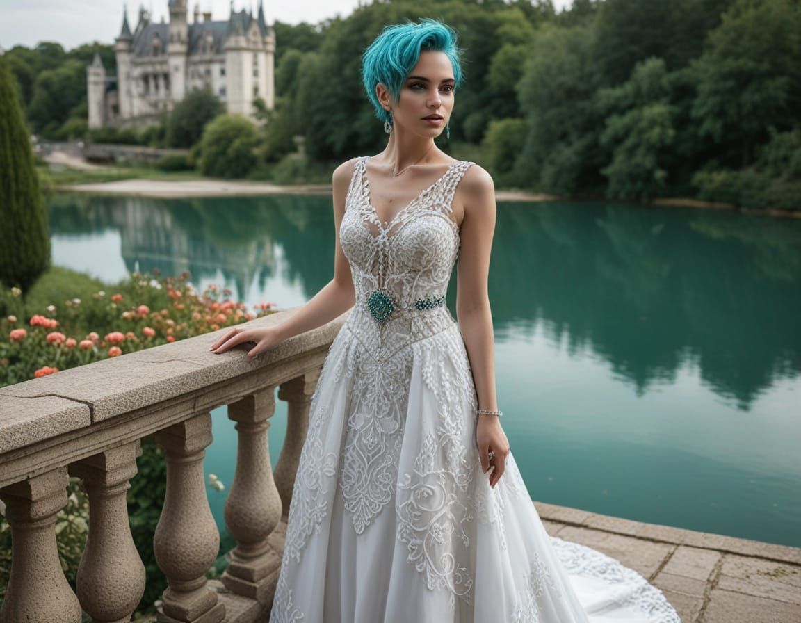 Gothic Bride with Turquoise Hair on Castle Balcony