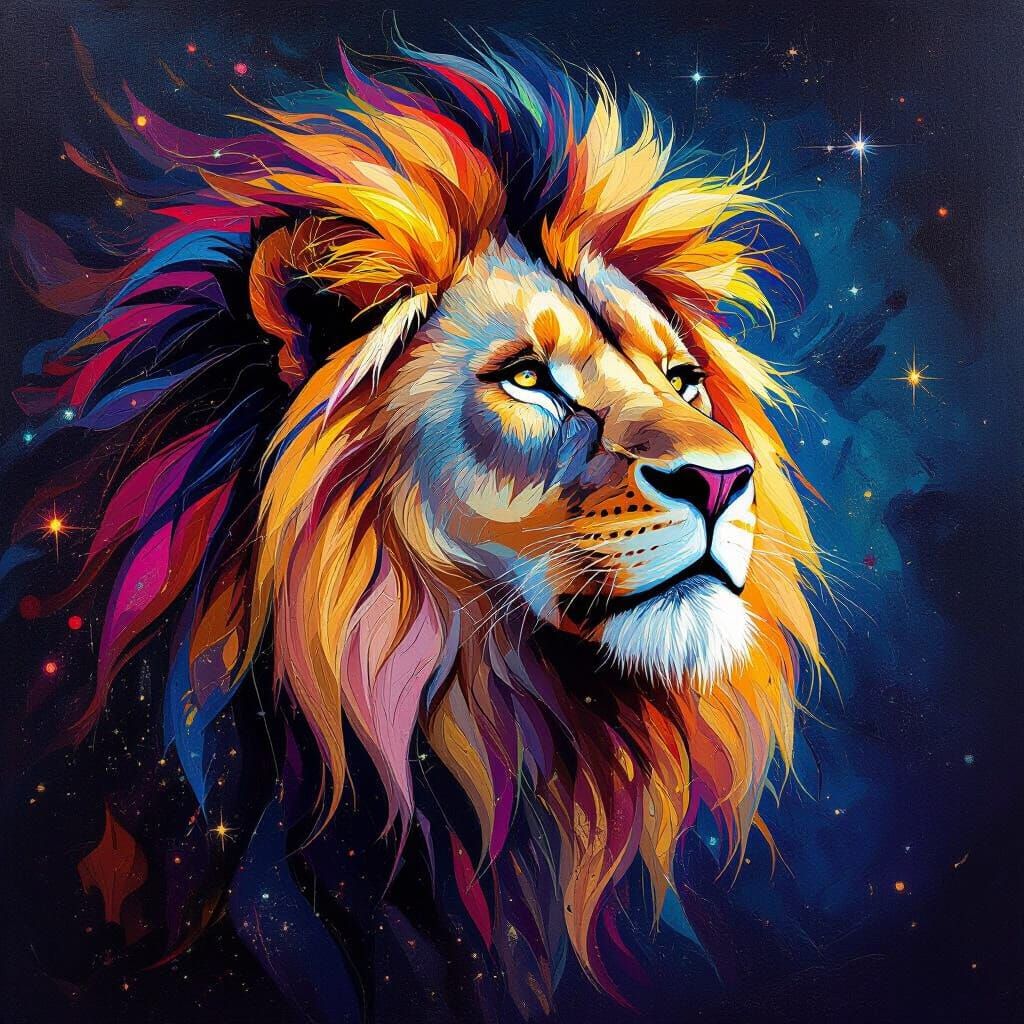 Regal Lion of Vibrant Colors in Abstract Expressionist Style