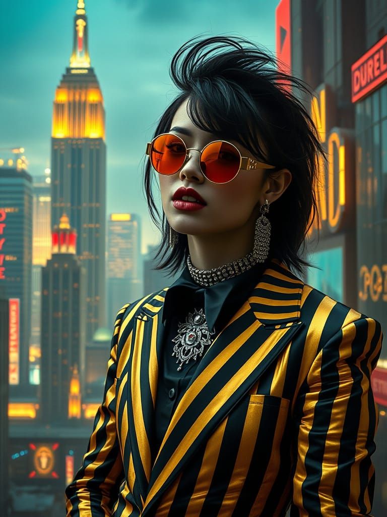 Gilded Goth Rockstar in Retro-Futuristic Cityscape