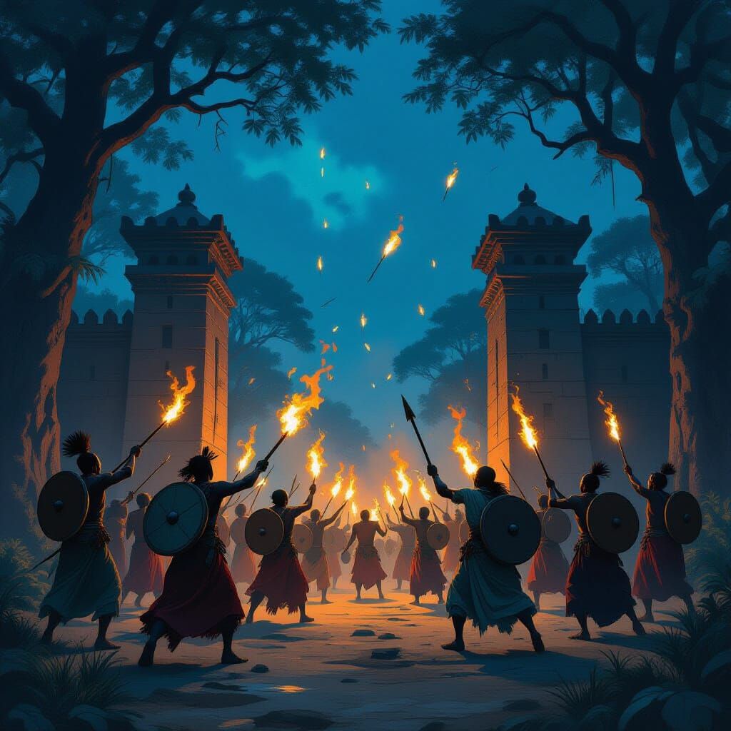 African Warriors Besiege Nri Gates Under a Midnight Canopy