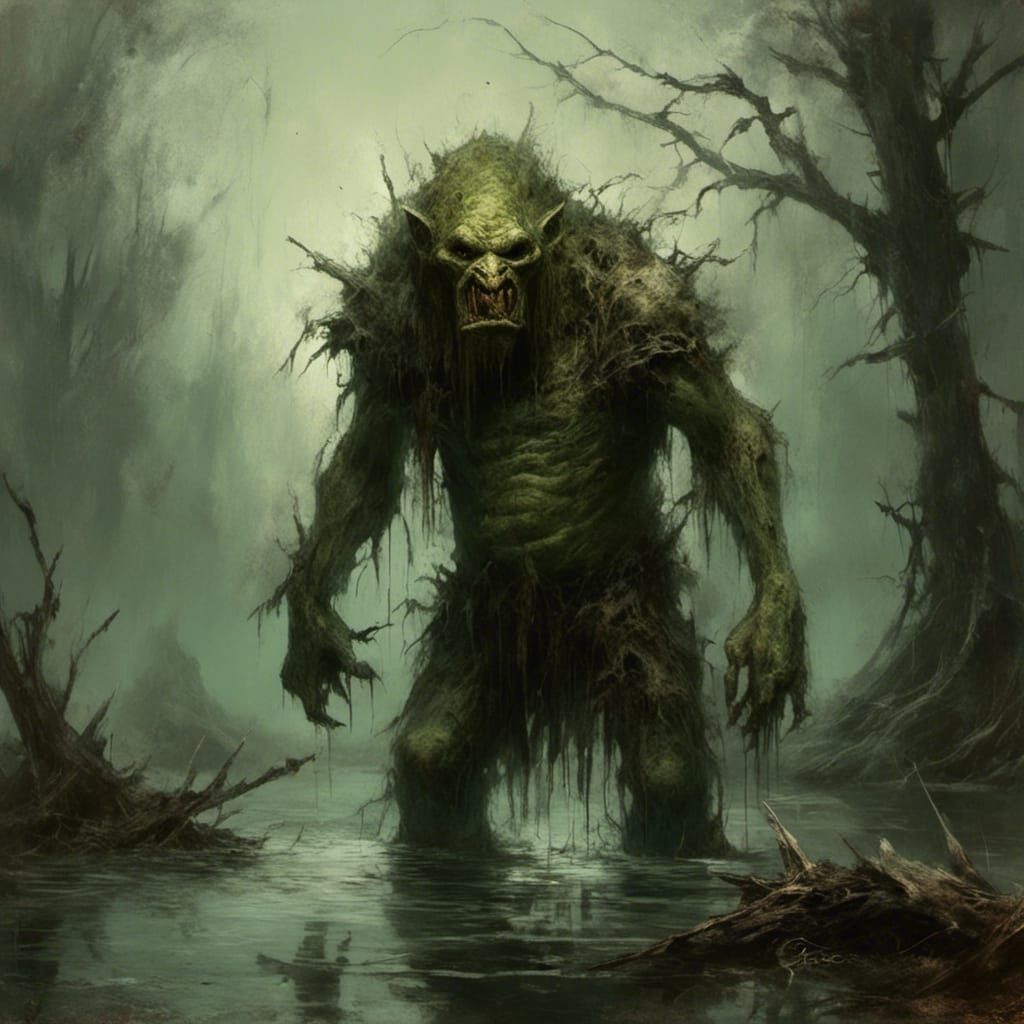 Sinister Green Troll Ready to Fight in Swamp
