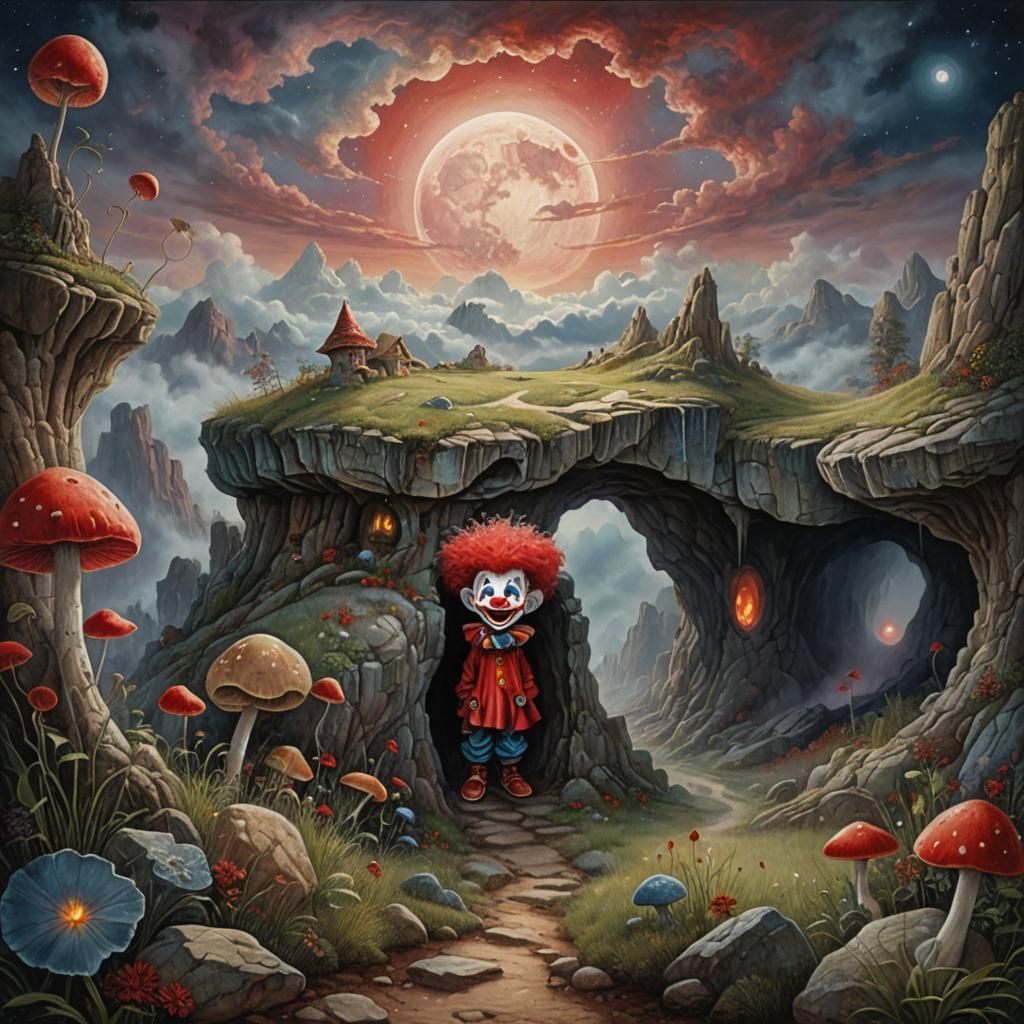 Clown Mouth Cave Opening with Red Moon