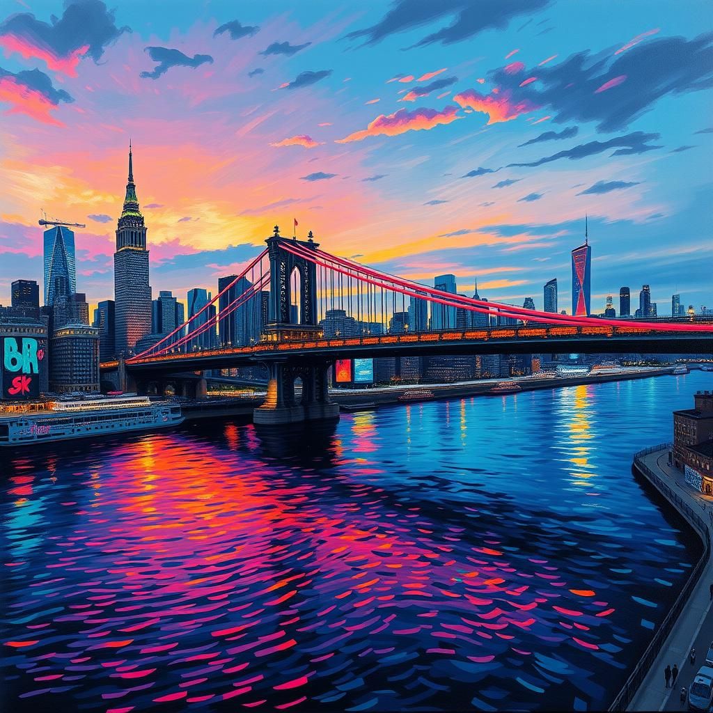 Vibrant Cityscape with Illuminated Bridge at Dusk