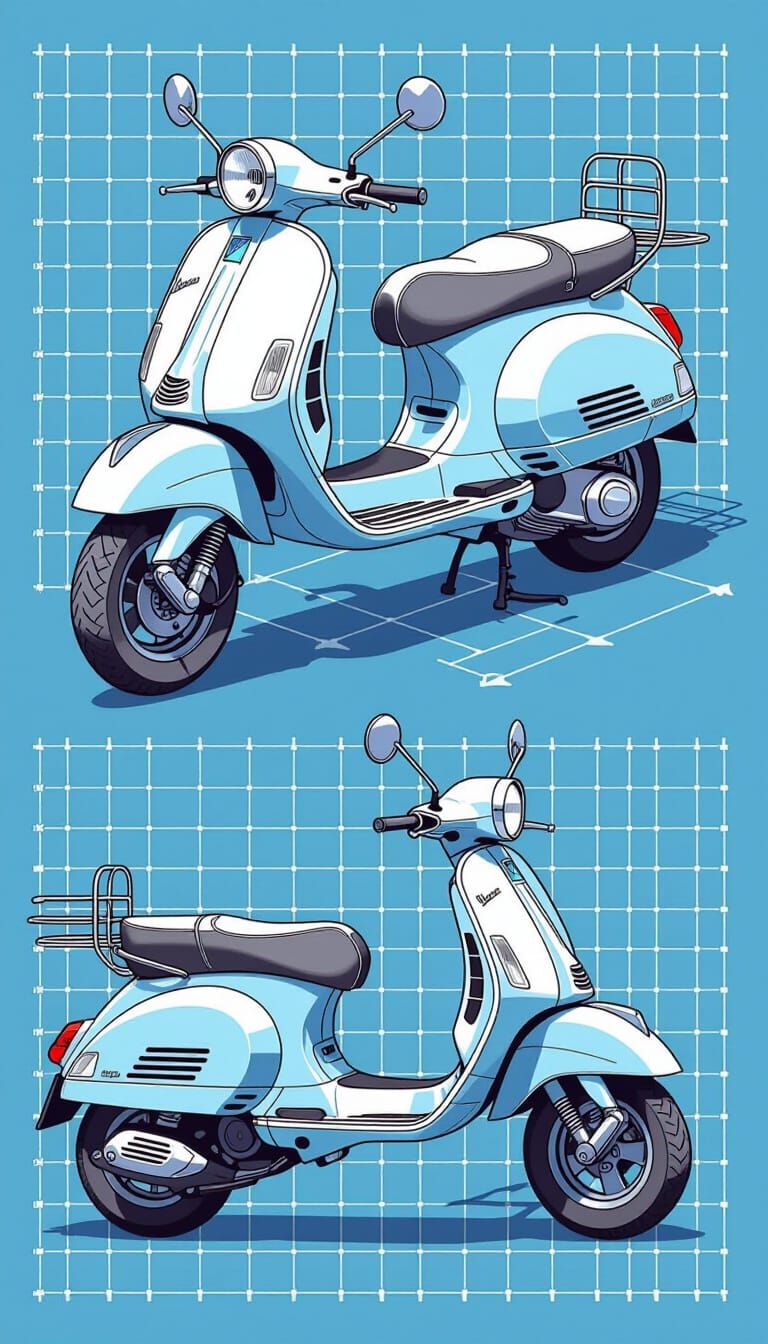 Vespa Scooter Technical Drawing in Retro-Futuristic Style