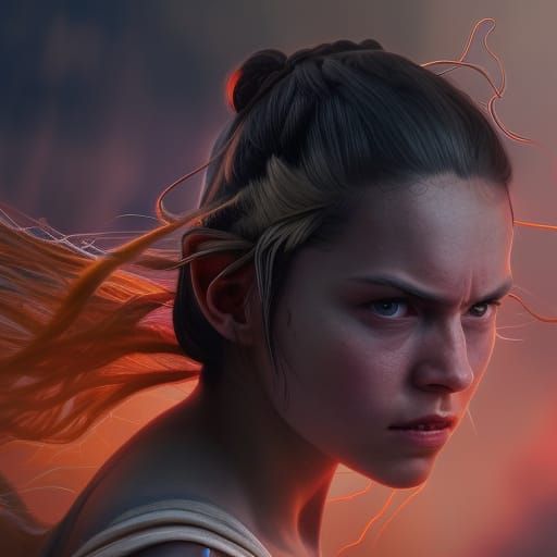 Hyperrealistic Rey Skywalker Splash Art Portrait
