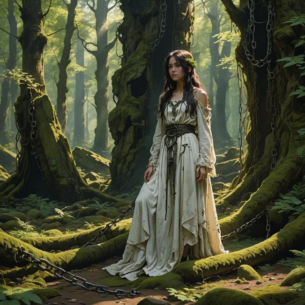 Chained Girl in White Dress: Fantasy Art