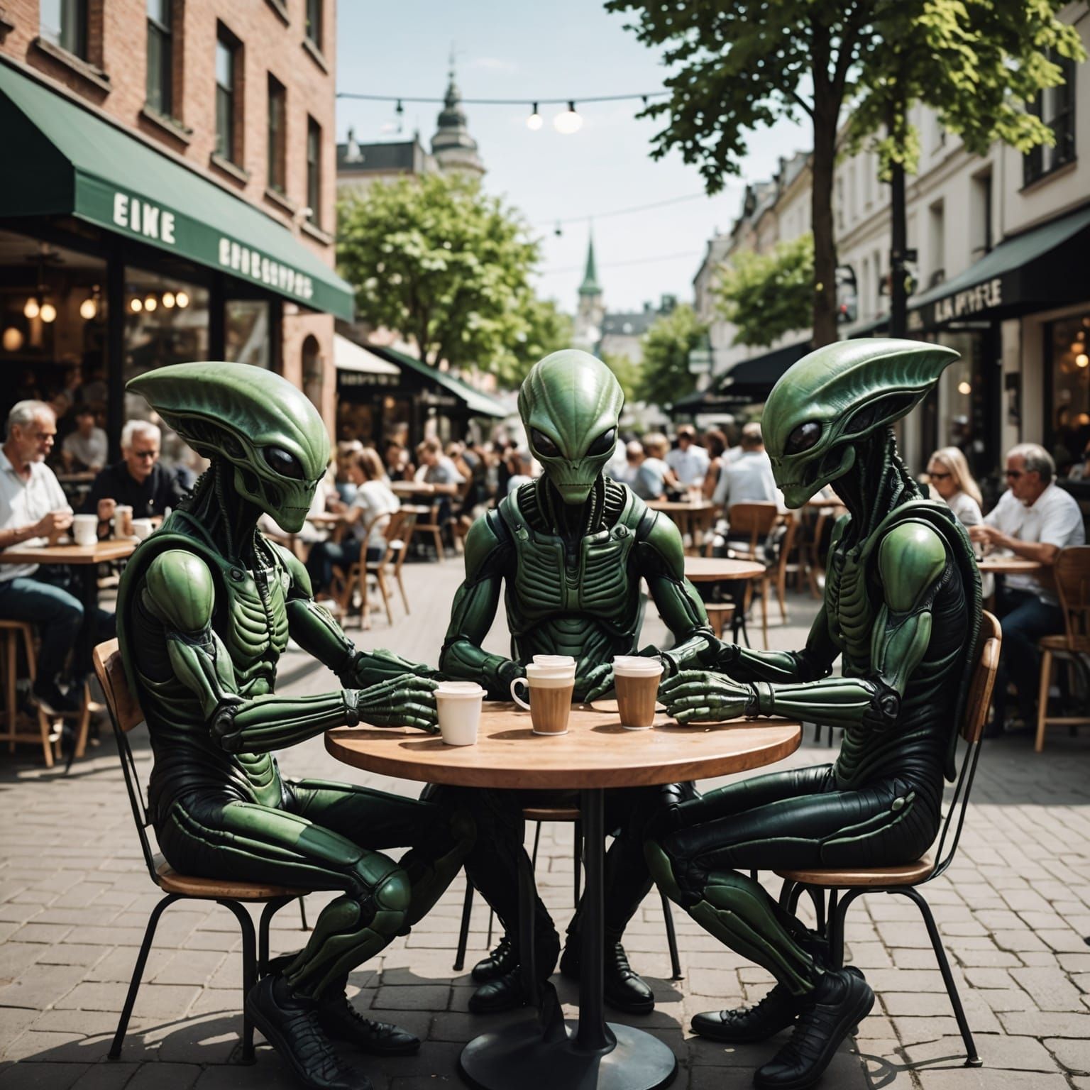 Aliens and Humans Share Coffee at Cafe