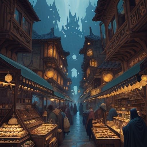 Fantastical Twilight Marketplace with Ethereal Orbs