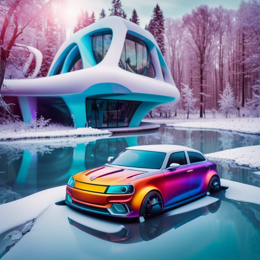 Surreal Car Parked on Frozen River at Night