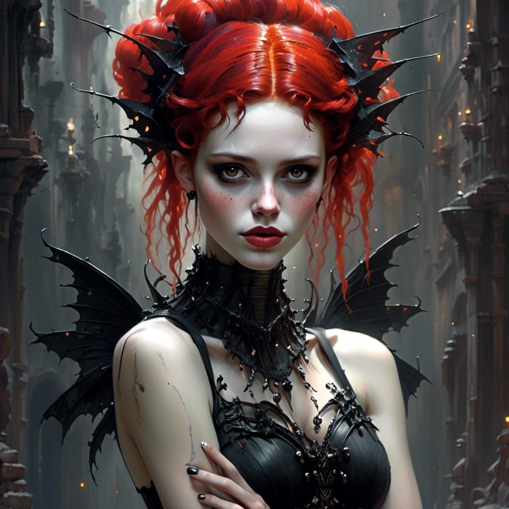 Gothic Pixie with Red Hair in Royo Style
