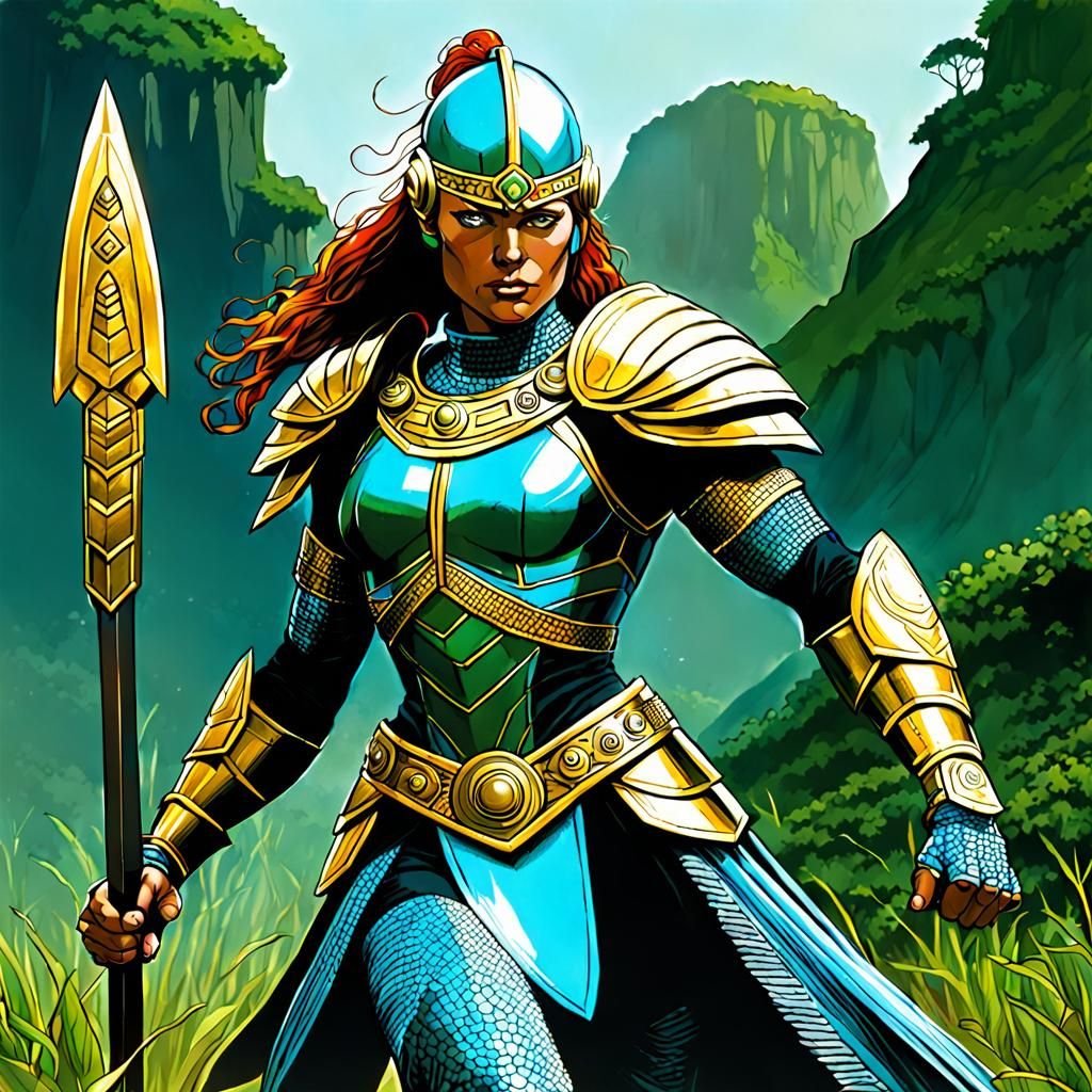 Armored Amazon Spearwoman in Comic Book Style