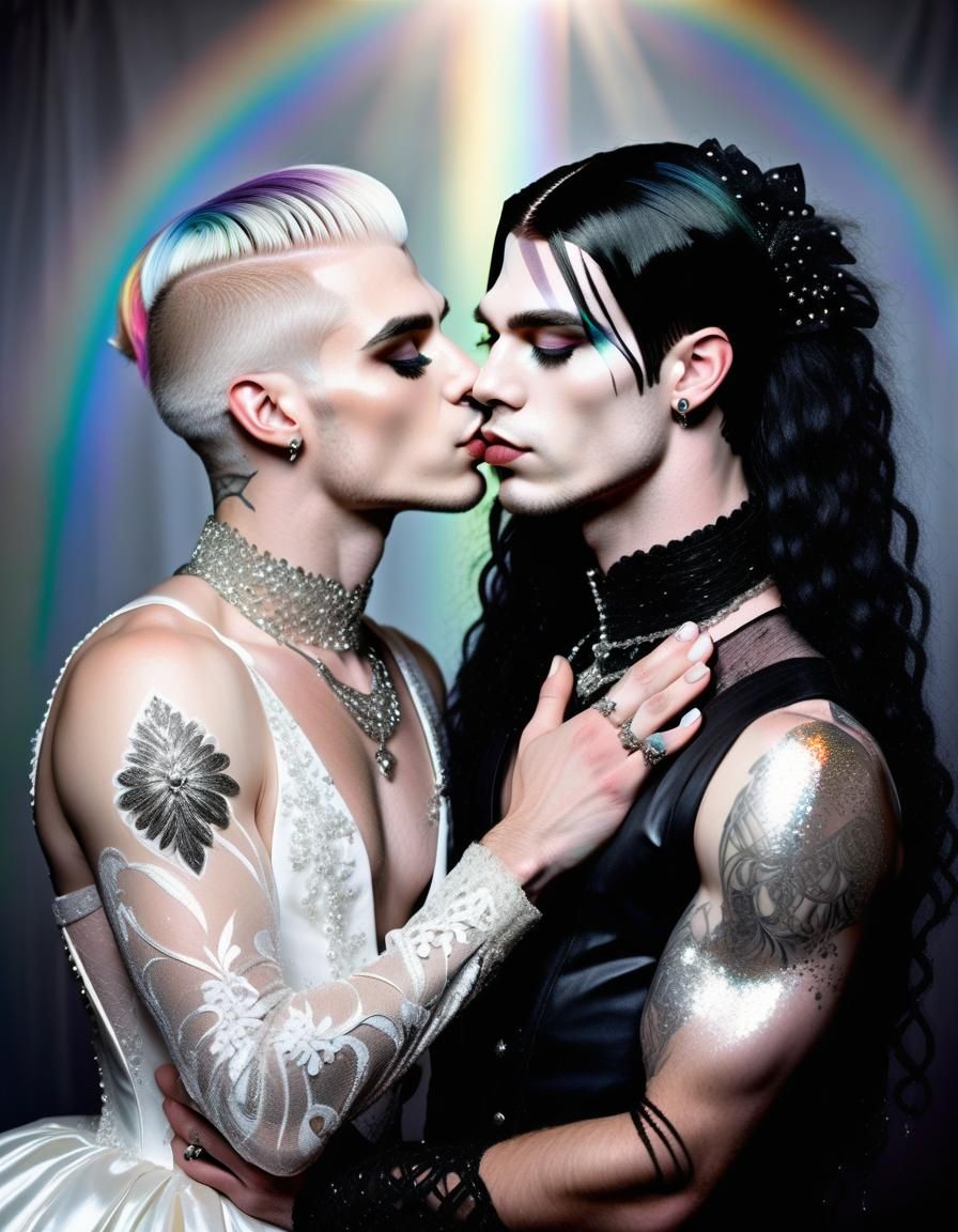 Goth Gay Men Kissing in Rainbow Light