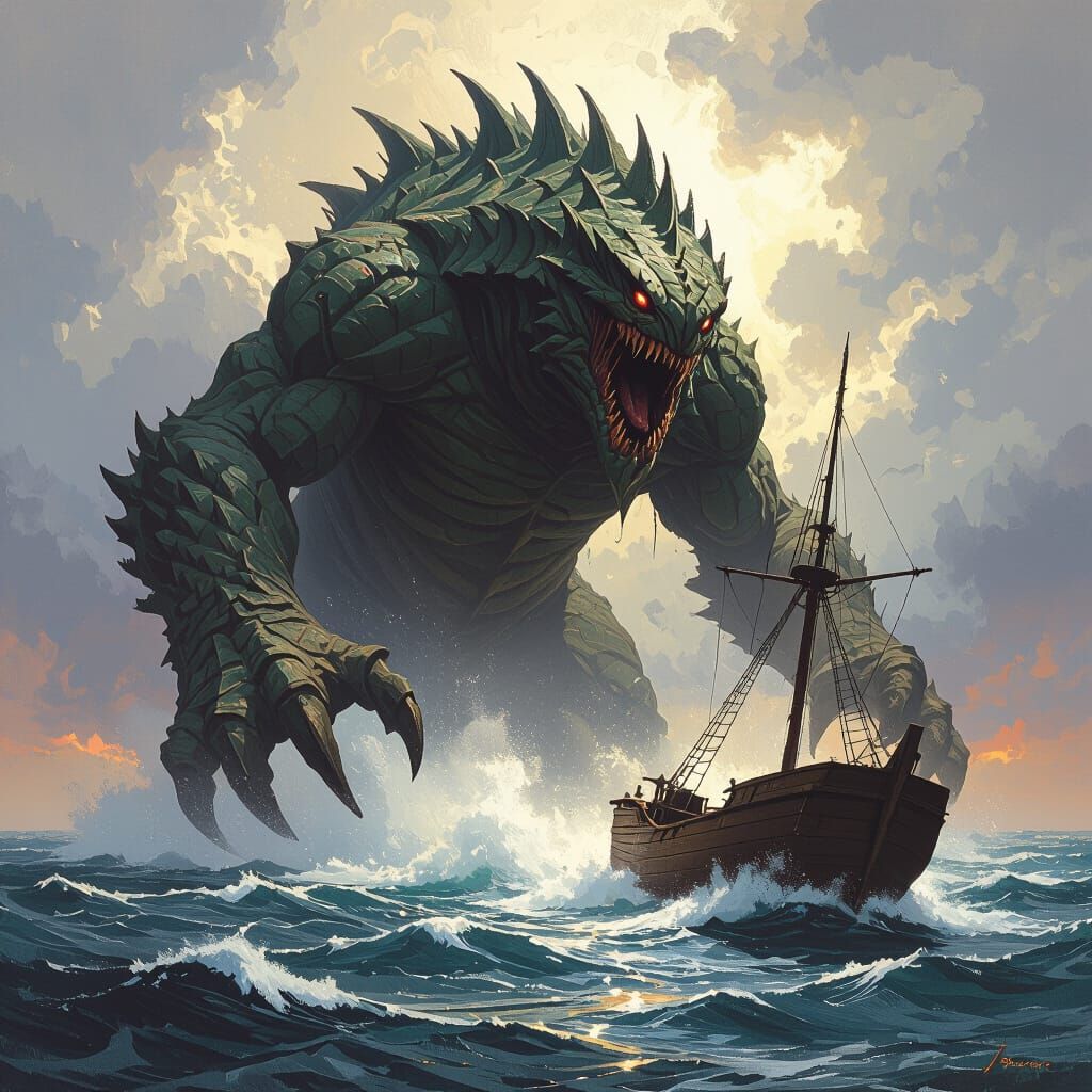 Ocean Monster Attacks Ship: Fantasy Illustration