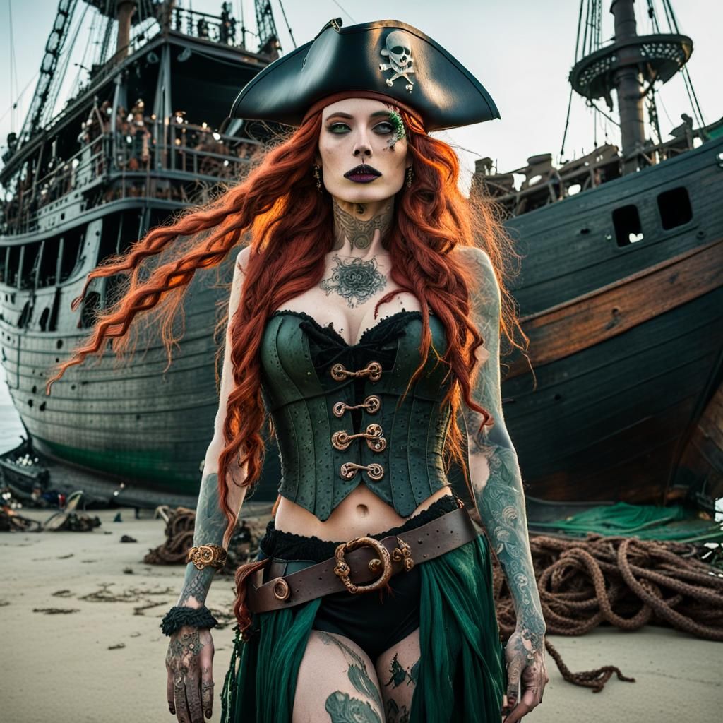 Redhead Pirate Girl Portrait on Island Shore