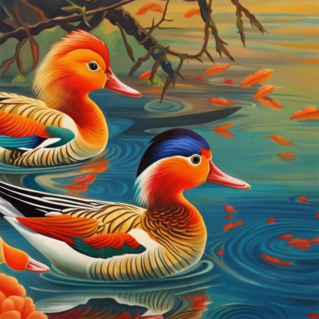 Mandarin Ducks in Japanese Pond: Traditional Painting