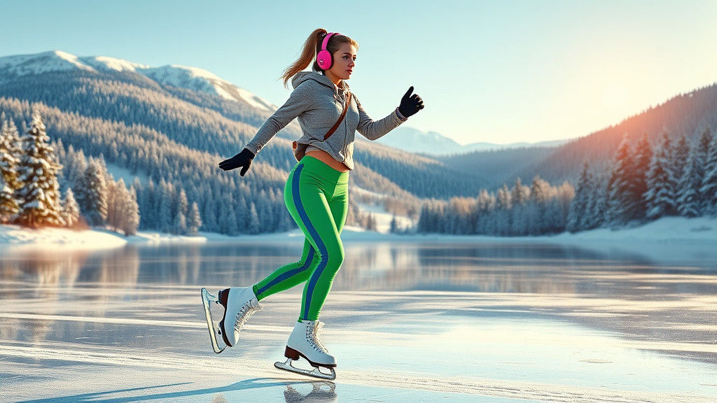 Woman Ice Skating on Frozen Lake in Comic Book Style