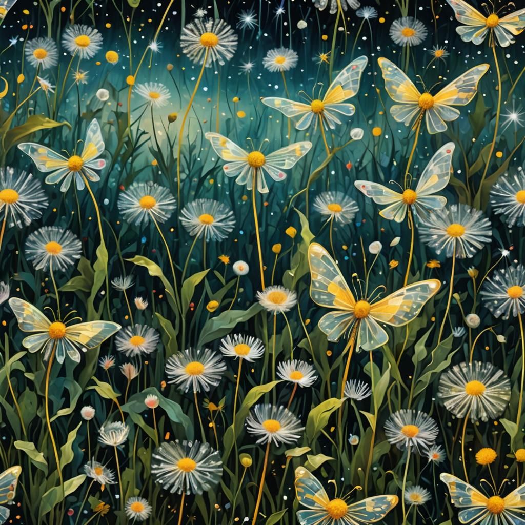 Winged Fairies in Dandelion Dreamscape, Whimsical Surrealist...