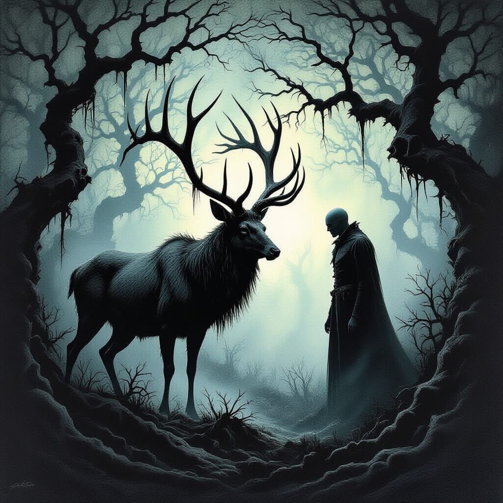 Decaying Stag Transforms Into Man in Eerie Forest Etching