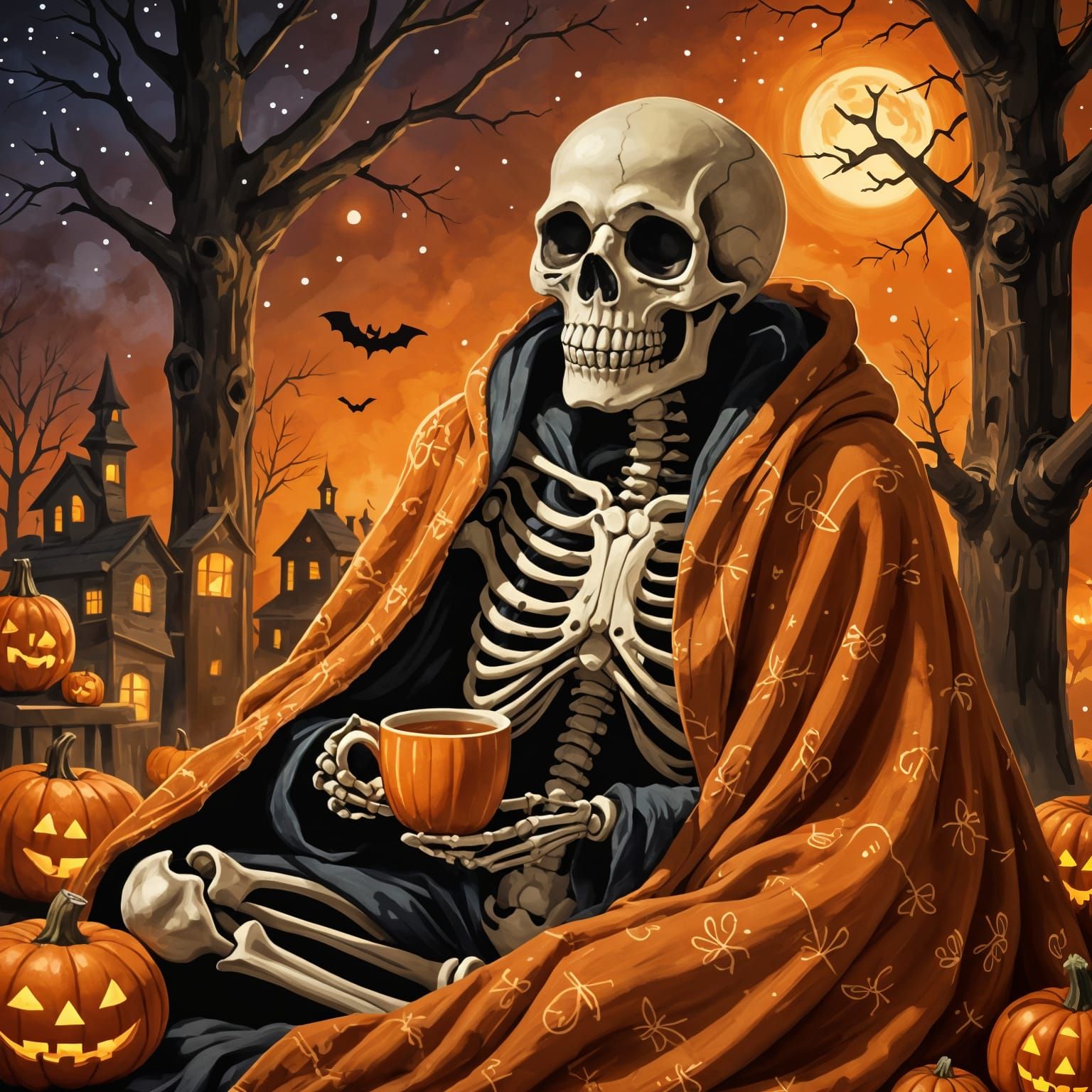 Cozy Skeleton's Autumn Tea: A Rustic Halloween Painting