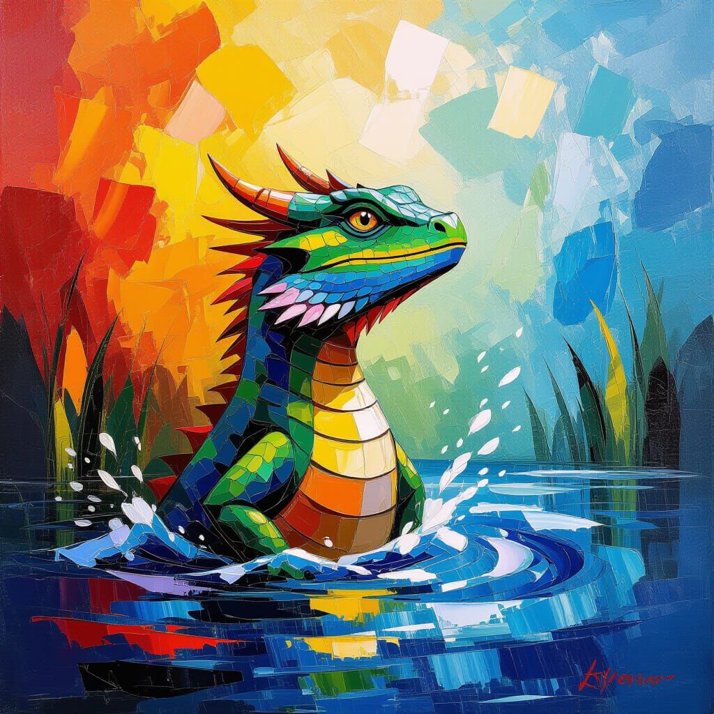 Water Dragon Emerges in Neo-Impressionist Style