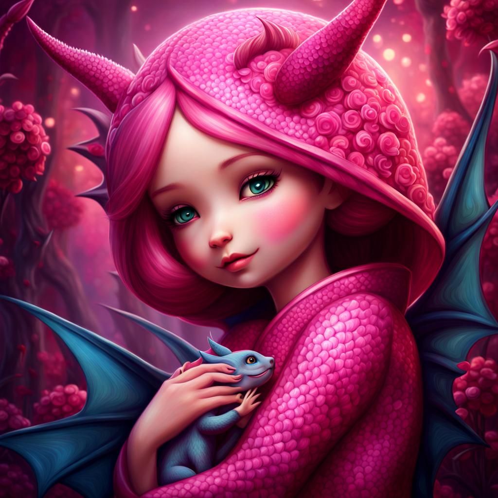 Girl Hugging Pink Dragon: Whimsical Concept Art