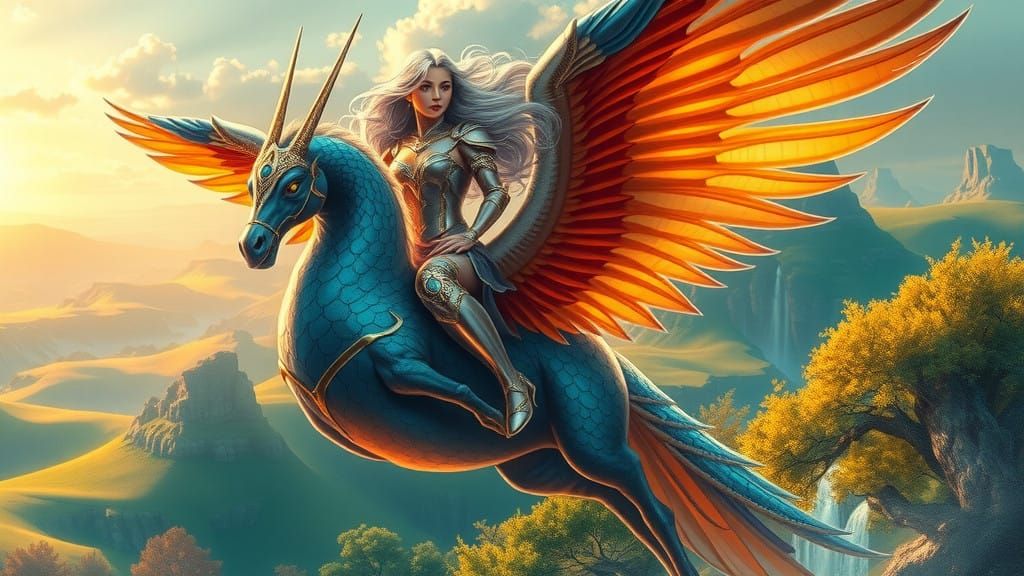 Ethereal Aasimar Paladin Soars on Hippogryph Through Mystic...