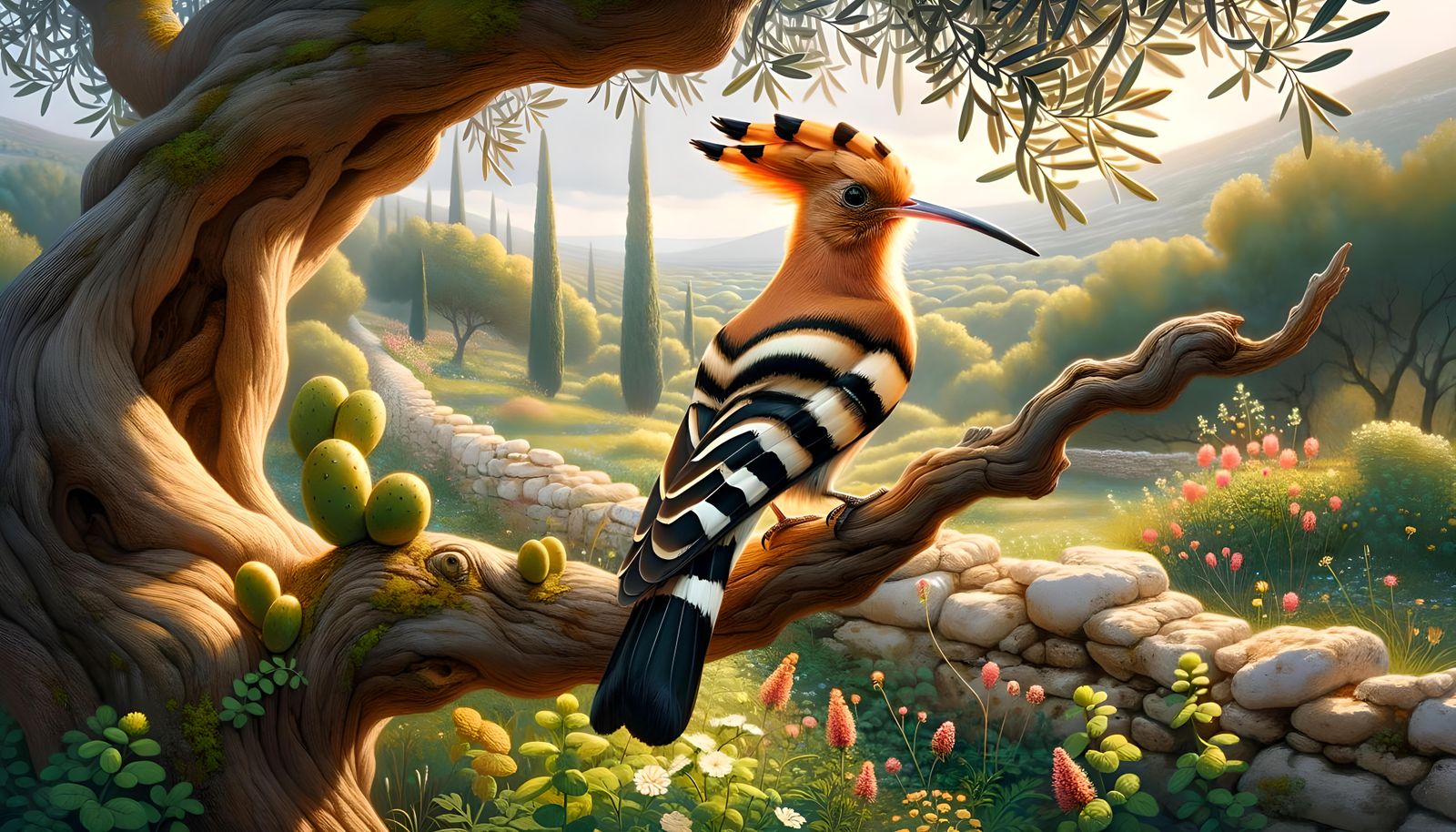 Hoopoe bird perched gracefully on a branch of an olive tree.