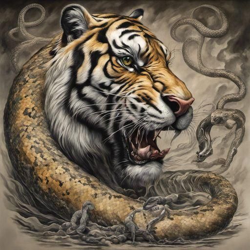 Surreal Tiger and Python Tattoo Design
