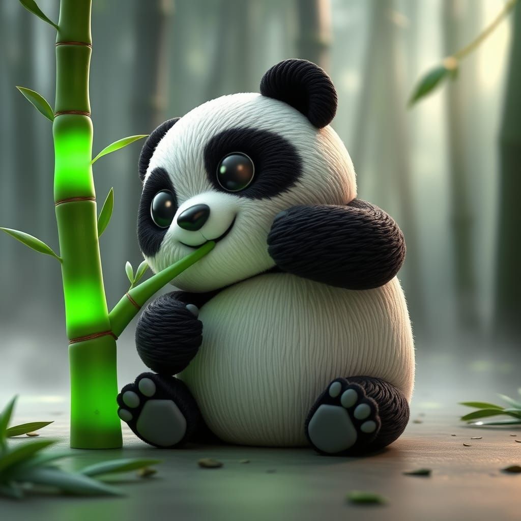 Adorable Wire Panda in Luminous Bamboo Forest as CGI Render