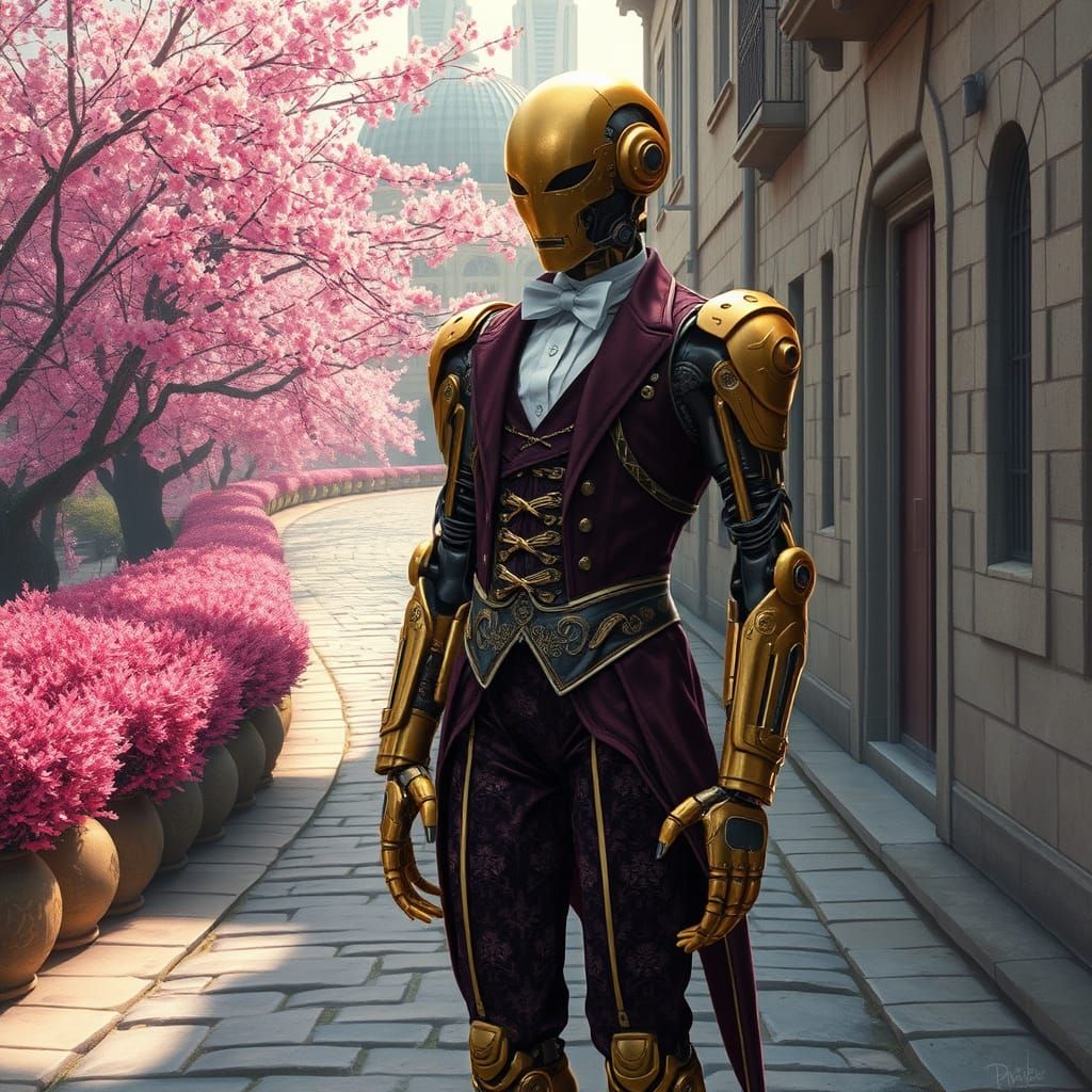Golden Robot Portrait in Solarpunk City