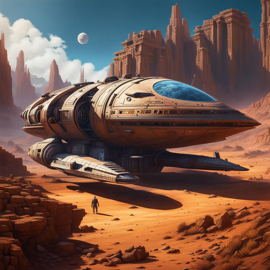 Old abandoned spaceship parked on a strange planet with ancient ruins nearby, art of Ralph McQuarrie