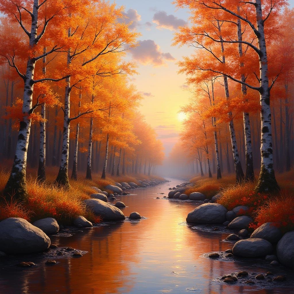 Autumnal Forest Reflected in Stream, Impressionist Style