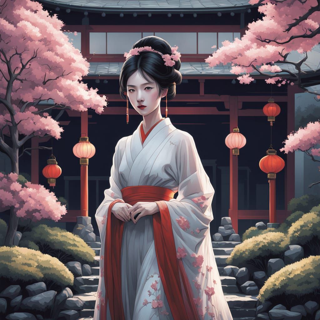 Elegant Geisha in Japanese Garden, 3D Pixel Art with Diamond...