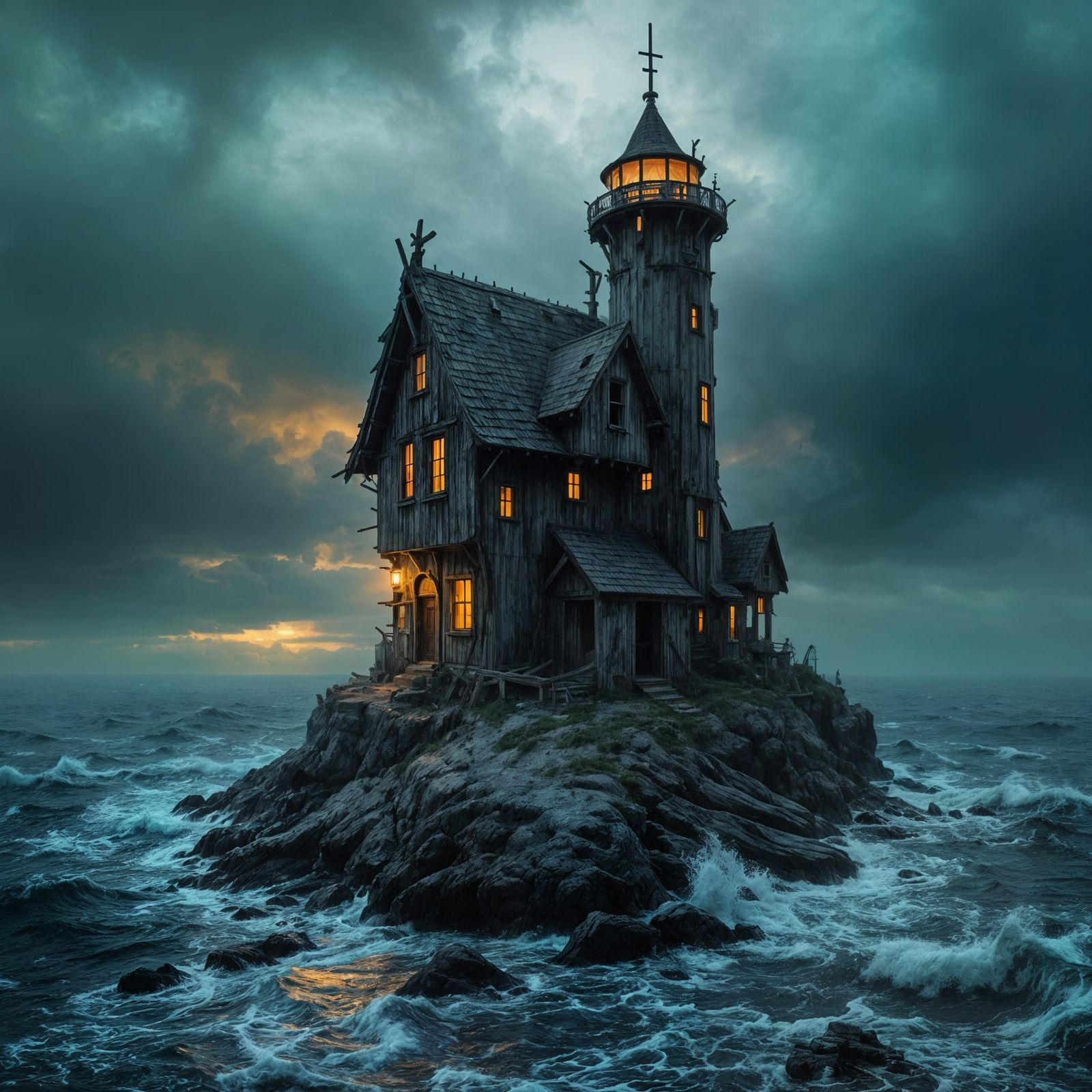 Crooked Lighthouse on Island in Photography Style