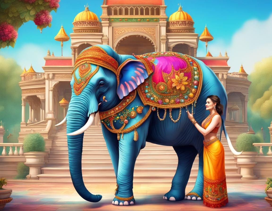 Ornate Elephant and Woman in Palace Setting