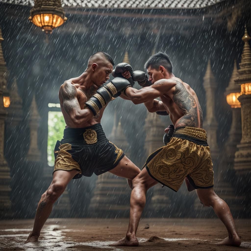 Muay Thai Boxers Battle in the Rain: Cinematic Art