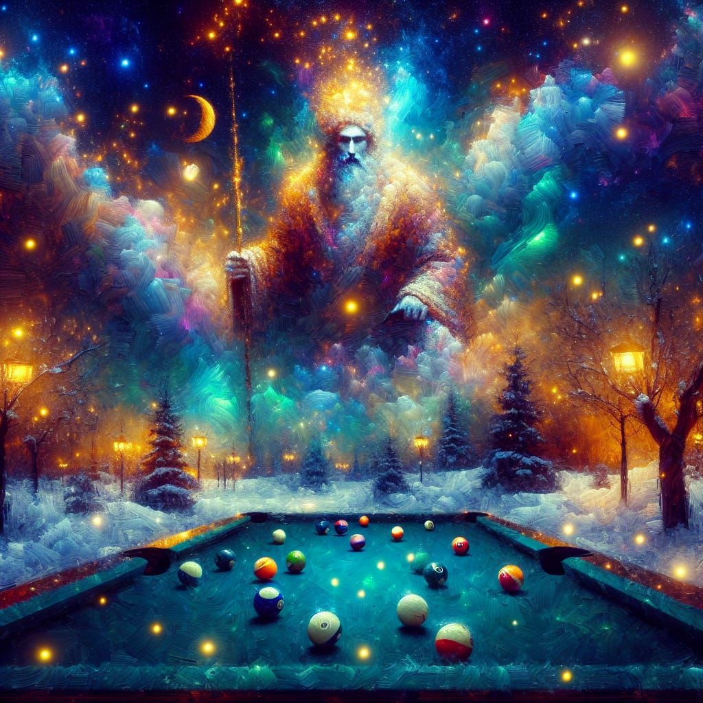 Cosmic Deity Plays Billiards in Impressionistic Style