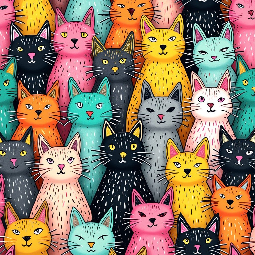 Neon Doodle Art of Diverse Cats in Vibrant Ink