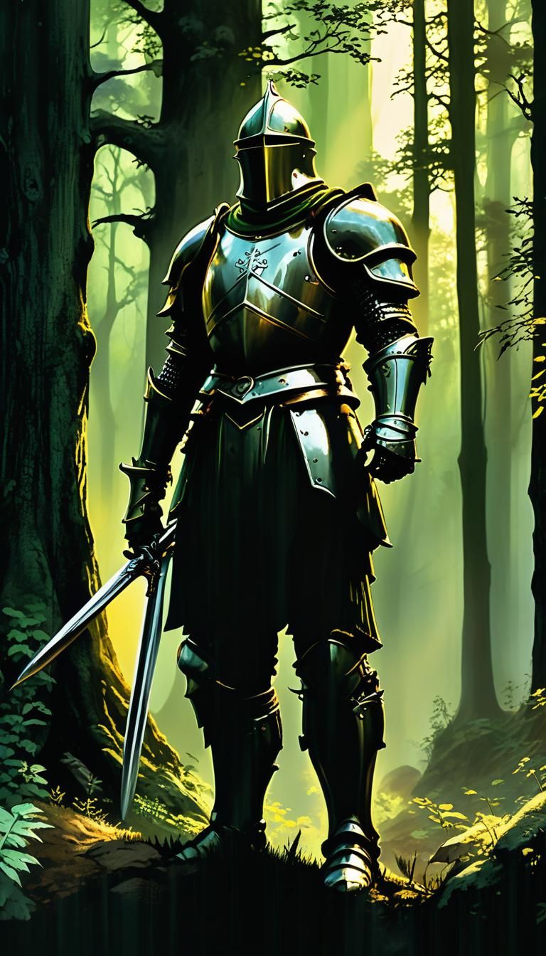Medieval Knight in Mystical Forest, Fantasy Art
