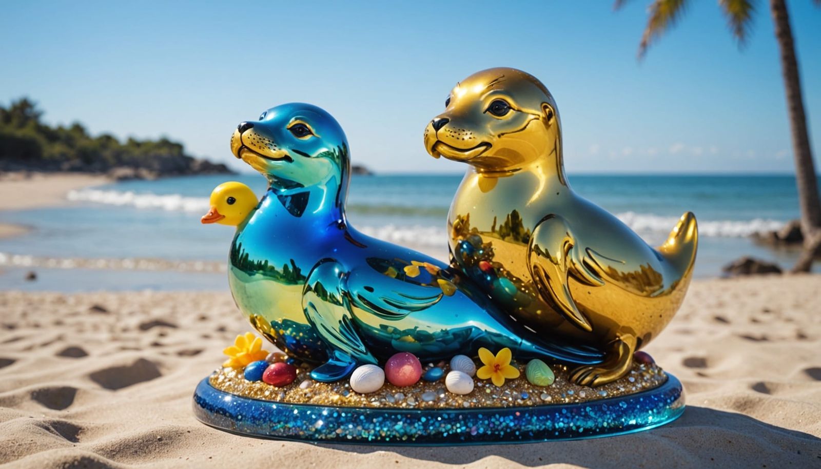 Iridescent Sea Lion Sculpture on a Sunny Beach