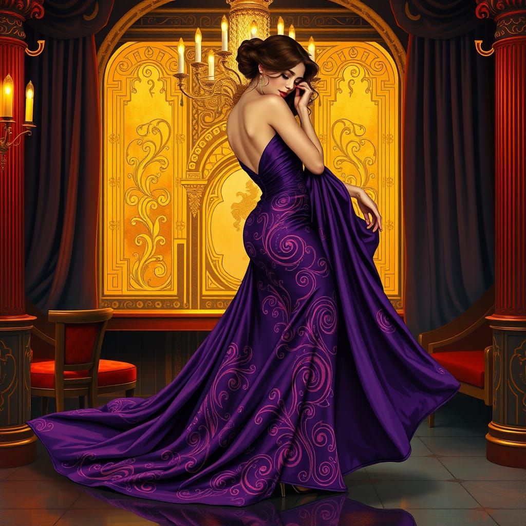 Regal Woman in Royal Purple Art Nouveau-Inspired Pose