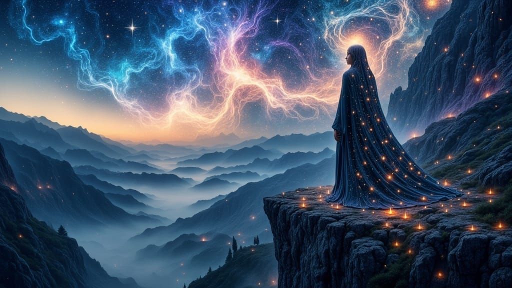 Mystical Figure Embroiders Starlight at Cosmic Precipice