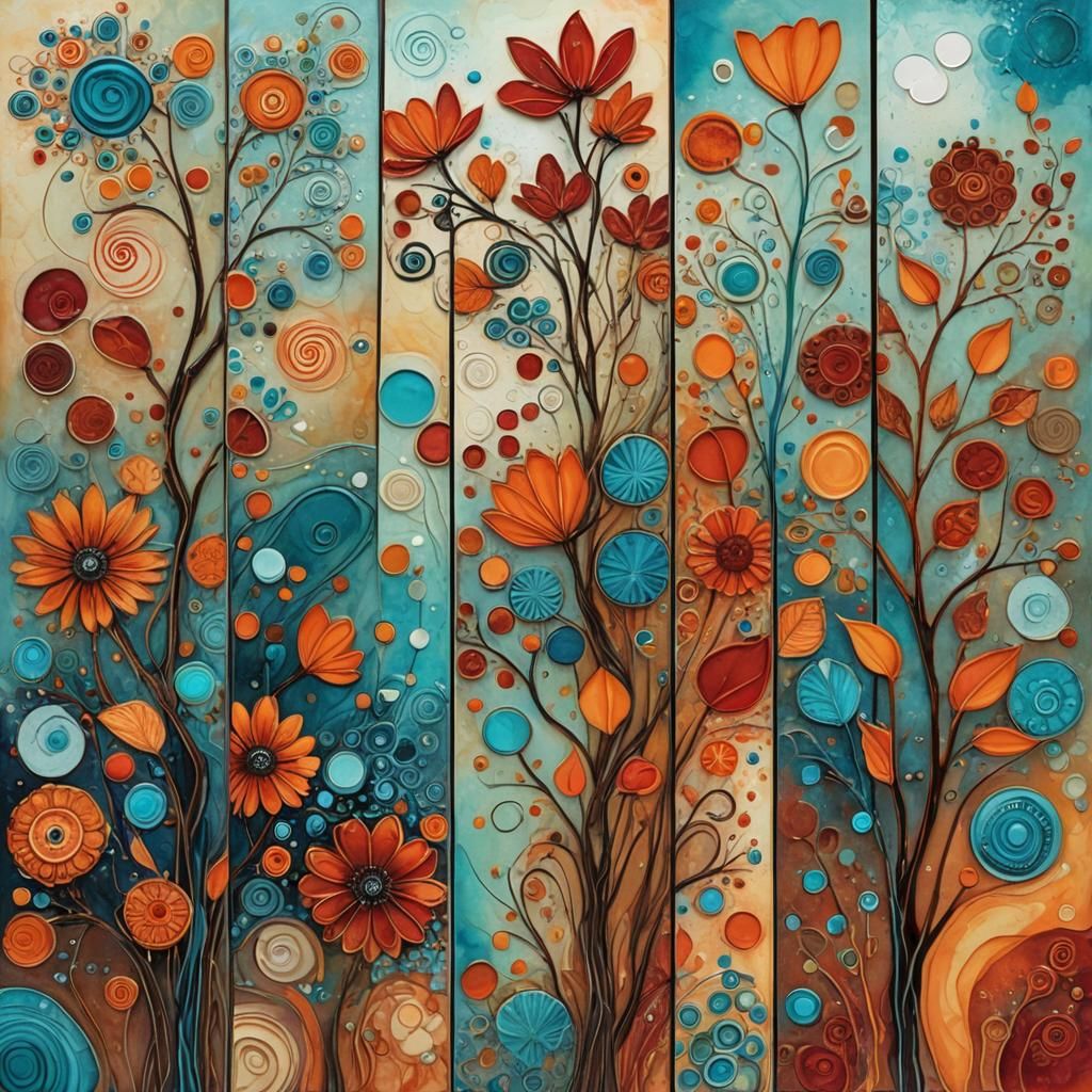 Dynamic Triptych: Earth, Water, and Fire in Impasto Style