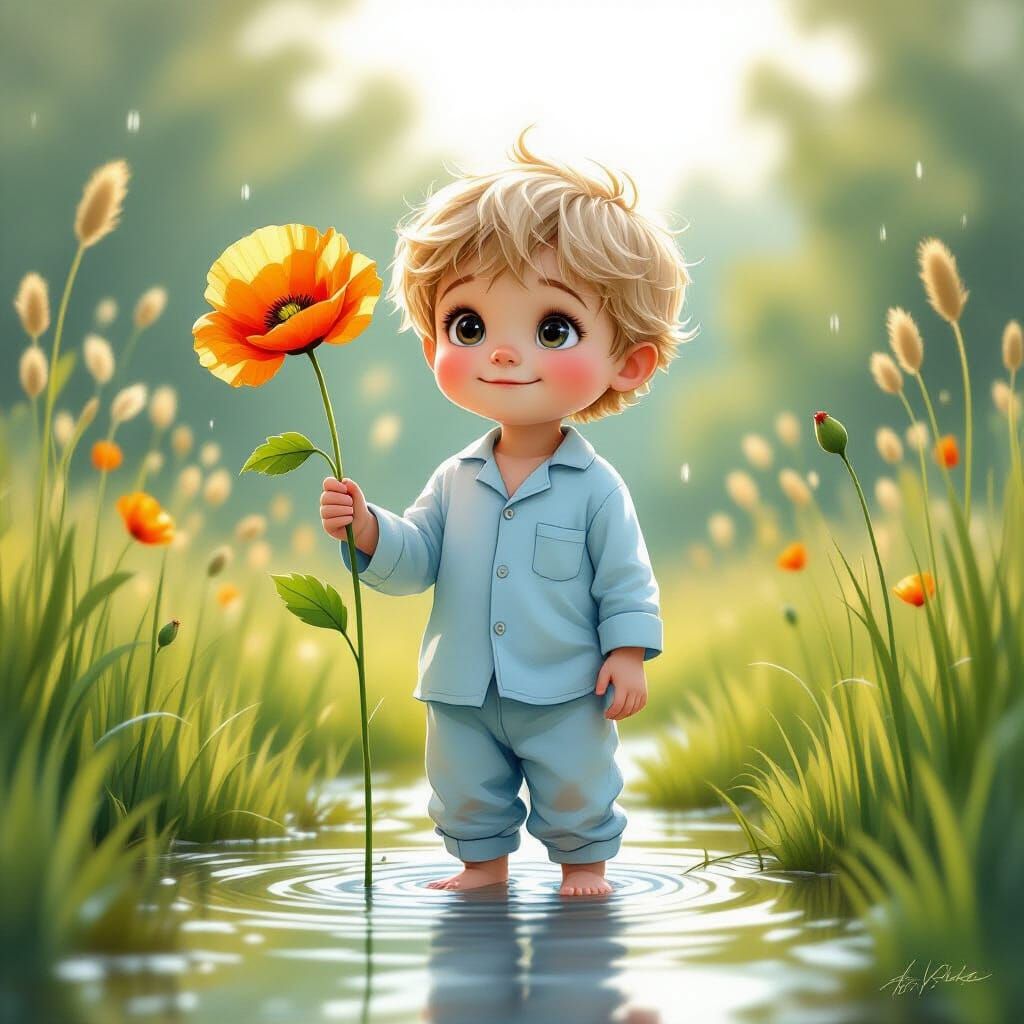 Boy with Poppy in Dreamy, Ethereal Style